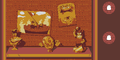 Background 5. Golden interior, with pictures and statues depicting muscular Italians, the Pizzamancer, and Peppino Spaghetti, looking very deranged, while holding a pizza cutter.